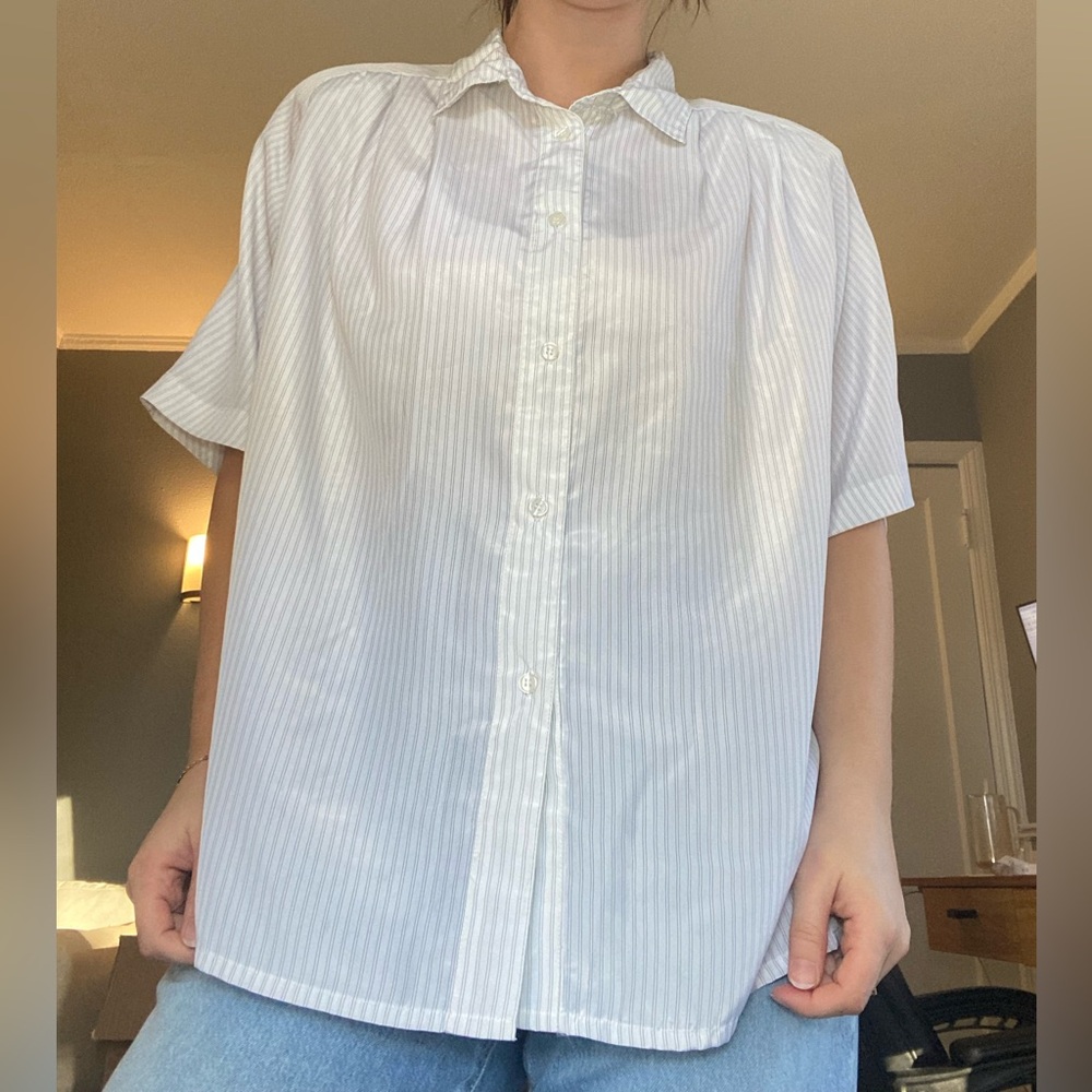 Vintage Lady Hutton White Classic Striped Button Down Blouse w/ Shoulder Pads